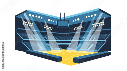 Modern indoor basketball arena design with dynamic lighting and seating arrangement