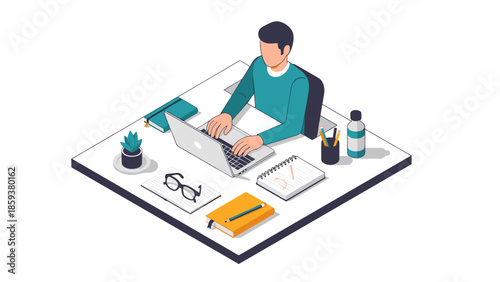 Modern workspace with man typing on laptop in isometric design