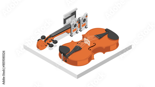 Isometric music tech: violin and headphones on display in modern design