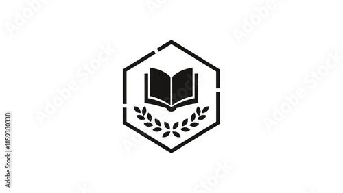 Black and white logo featuring an open book within a hexagon with laurel leaves
