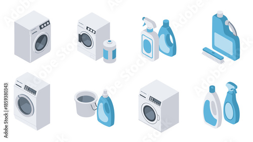 Isometric laundry equipment and cleaning supplies collection set