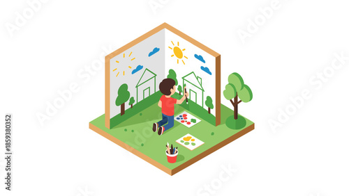 Child painting sun and trees on wall in isometric art studio scene