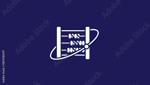 Simple white abacus icon on deep blue background with a curved line around