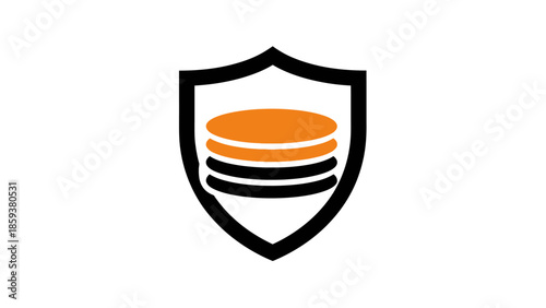 A stylized shield icon featuring a stack of orange and black discs. White background