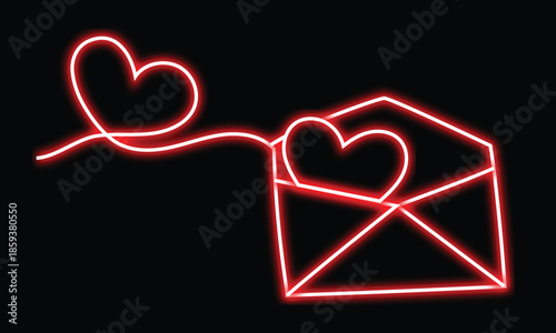 A glowing neon red heart sending a message from an open envelope   of a high-quality vector file on a dark background