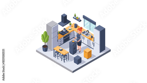 Isometric kitchen scene with woman cooking and modern interior design elements