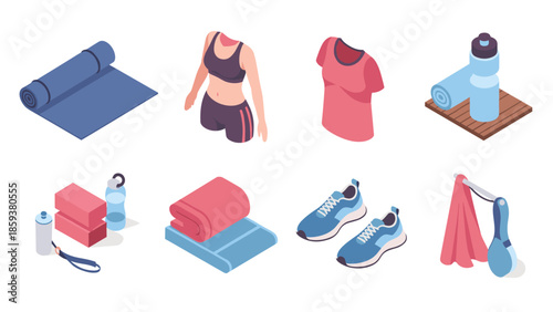 Essential gym gear isometric collection: yoga mats, sportswear, water bottles, and more