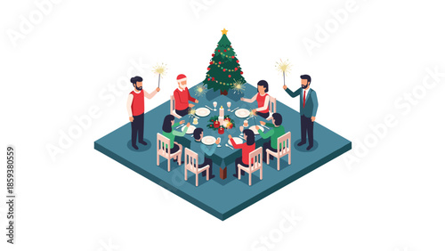 Festive family dining with christmas tree and sparklers in isometric style