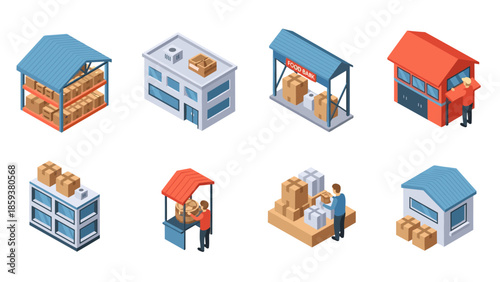 Isometric warehouse and delivery icons for logistics and distribution