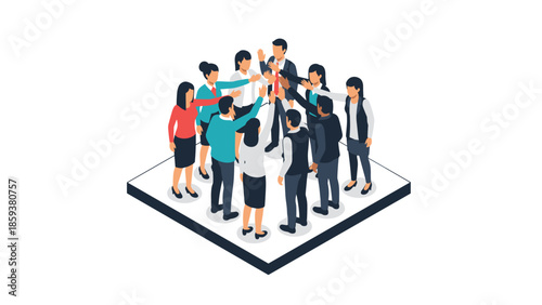 Collaborative team celebrating success with high fives in isometric style