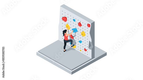 Isometric indoor climbing: woman on bouldering wall in modern sports design