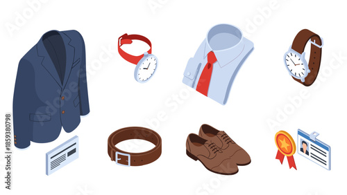 Isometric office essentials: suit, shoes, watches, and accessories set