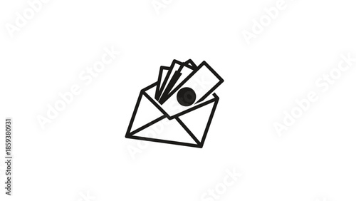 A black and white vector illustration depicts an open envelope with cash emerging