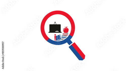 Illustration of a magnifying glass encircling an apple, books, and a chalkboard