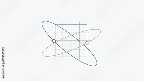 An abstract minimalist graphic with a grid, intersecting ovals, and small circles