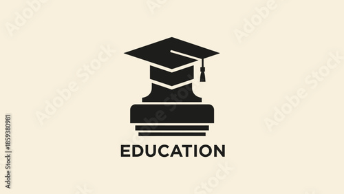 Monochromatic illustration featuring a mortarboard above stacked shapes and "EDUCATION" beneath