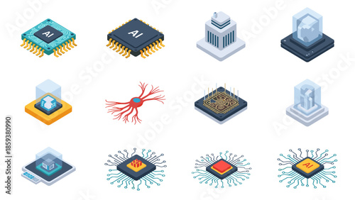 Futuristic isometric icons of technology and ai elements
