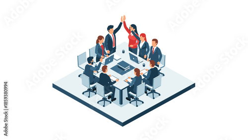 Business team meeting isometric design with high five celebration at office table