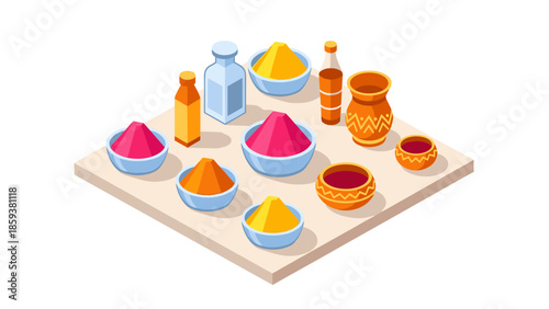 Colorful spice and herb powders in bowls and bottles on a shelf display