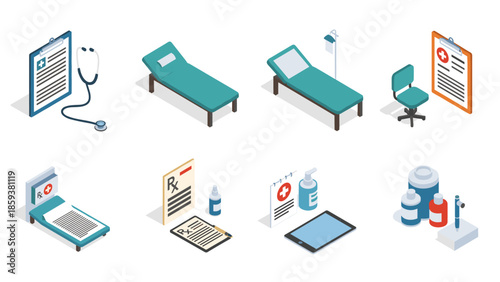 Medical equipment and supplies set in stylish isometric design