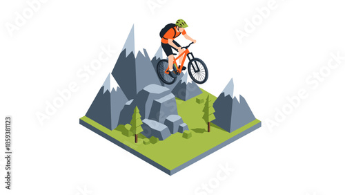 Isometric mountain biking adventure on snowy peaks
