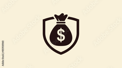 A monochrome illustration of a dollar sign bag inside a shield, set on a beige background