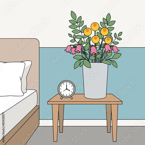 Flowers and clock on a bedside table