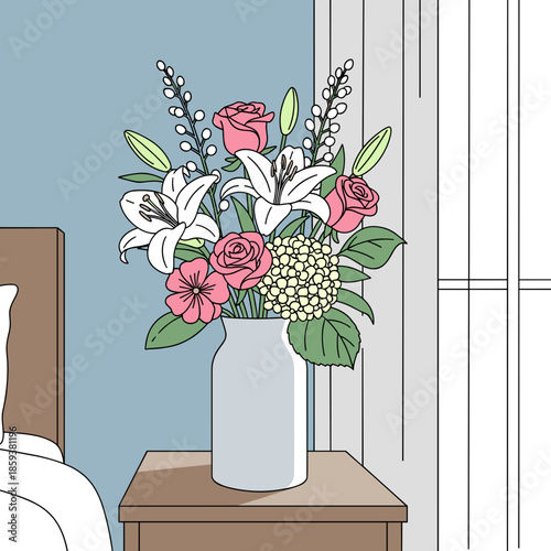 Vase with flowers on a bedside table