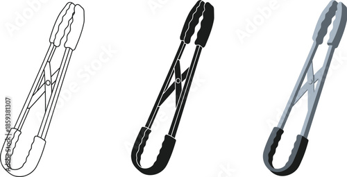 Set of kitchen tongs outline silhouette and 3D render styles ideal for cooking grilling and food preparation graphics