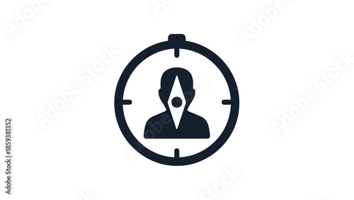 A stylized person silhouette within a compass-like circular frame, dark on white