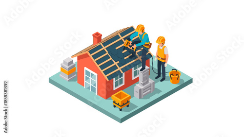 Isometric house construction: roof installation with workers in safety gear