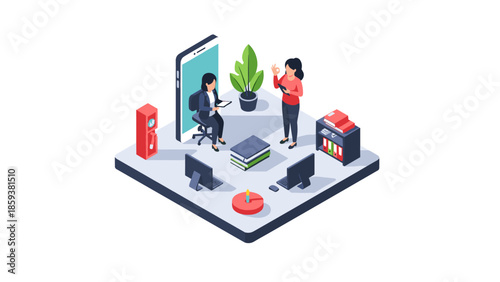 Creative office workspace with diverse employees in isometric design