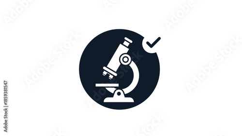 A simple icon of a microscope within a dark circle, accompanied by a check mark