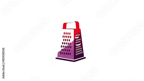 Colorful illustration of a kitchen grater with sharp blades, red handle, on a white background