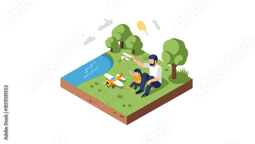 Family enjoying outdoor adventure with toy planes in isometric park