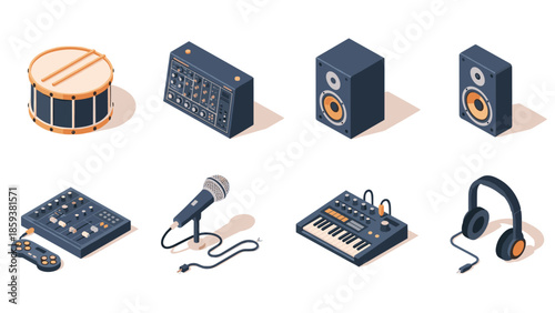 Isometric music equipment collection: instruments, speakers, and audio gear for studio design