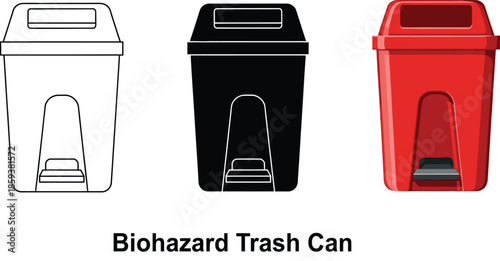 Set of biohazard trash cans in outline black and red colors representing waste disposal and safety symbols for medical or industrial use isolated on white