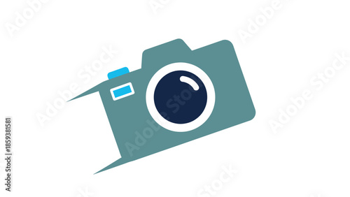 A teal and blue stylized camera icon angled on white, with wings