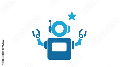 Blue robot icon with antenna, arms, and a star above, on white background