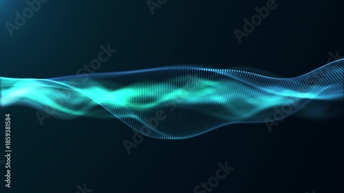 Abstract blue cyan energy wave with smooth flowing motion on dark background, glowing digital waveform loop with futuristic depth and soft particle dynamics