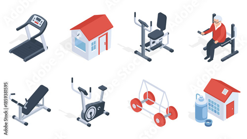 Isometric gym equipment and home objects set with fitness machines and buildings