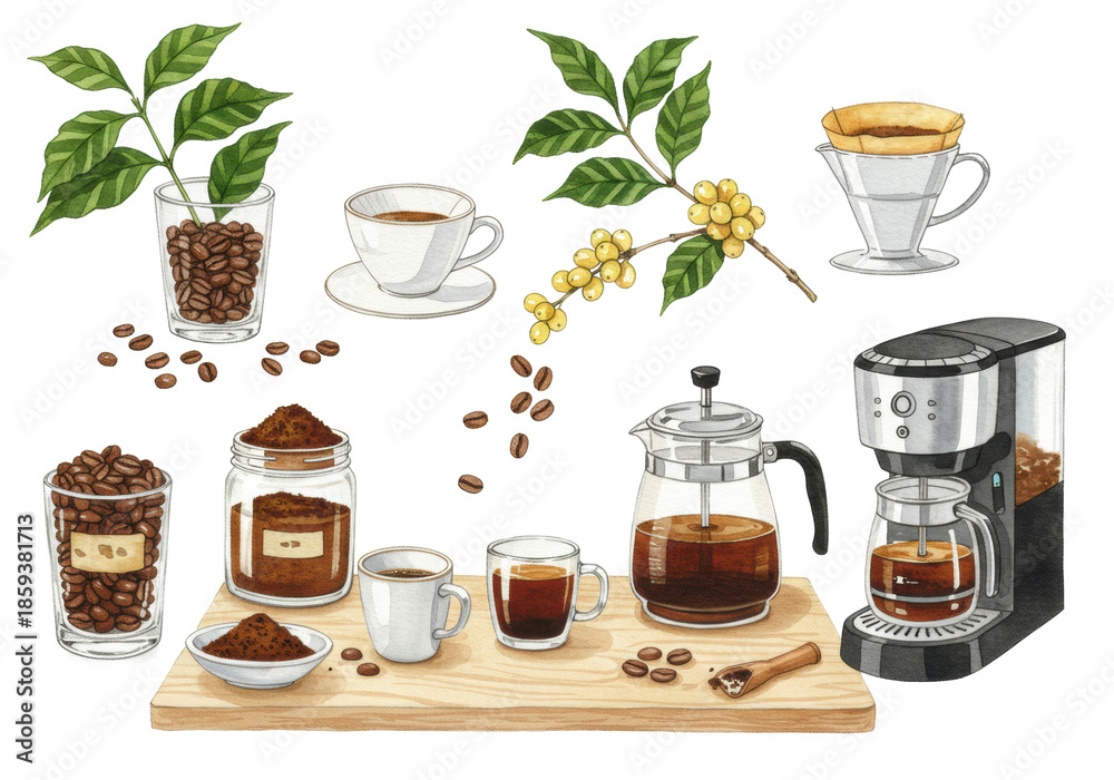 Obraz premium Detailed watercolor of gourmet coffee, brewing equipment, and botanicals on a rustic wooden board against a white background, soft light, elegant coffee culture tribute