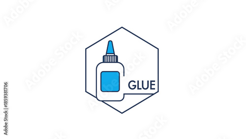 A blue and white glue bottle icon, within a hexagonal frame, and the word "GLUE