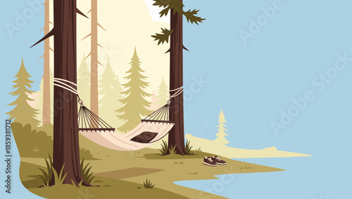 Hammock tied between two pine trees near a lake with copy space