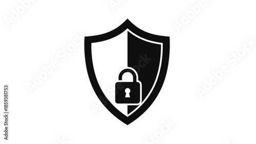 Black and white shield icon, divided vertically, with a padlock inside