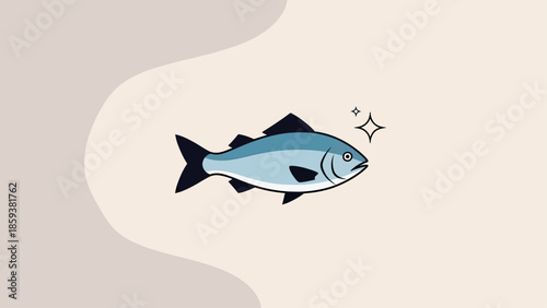 A stylized fish illustration with a sparkling accent. Background has curved, soft color blocks