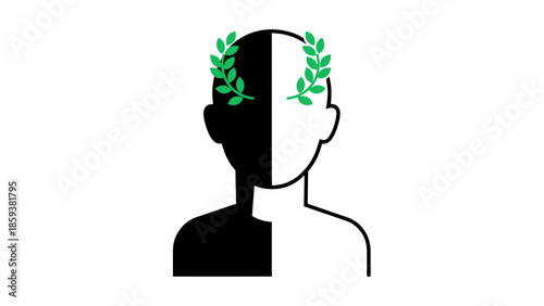 Minimalist illustration of a person's head, half black/white, with a laurel wreath