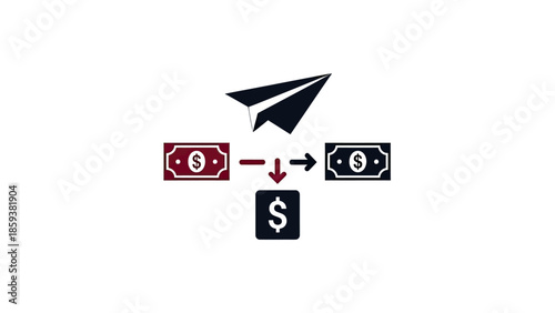 A paper airplane points at money transfer diagrams. Currency symbols are central