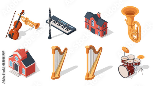 Isometric musical instruments and buildings collection for creative design projects