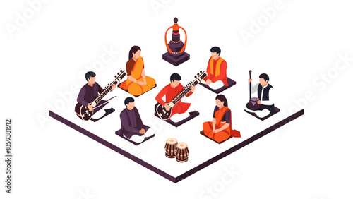 Traditional indian music ensemble in isometric design